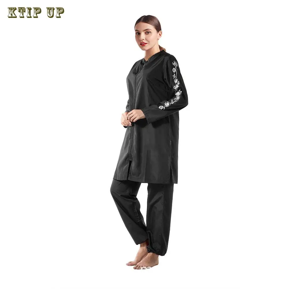 

Middle Eastern Muslim Arab Print Loose Islamic Swimwear Three Piece Set Large Conservative Zipper Beach Suit with Hat Swimwear