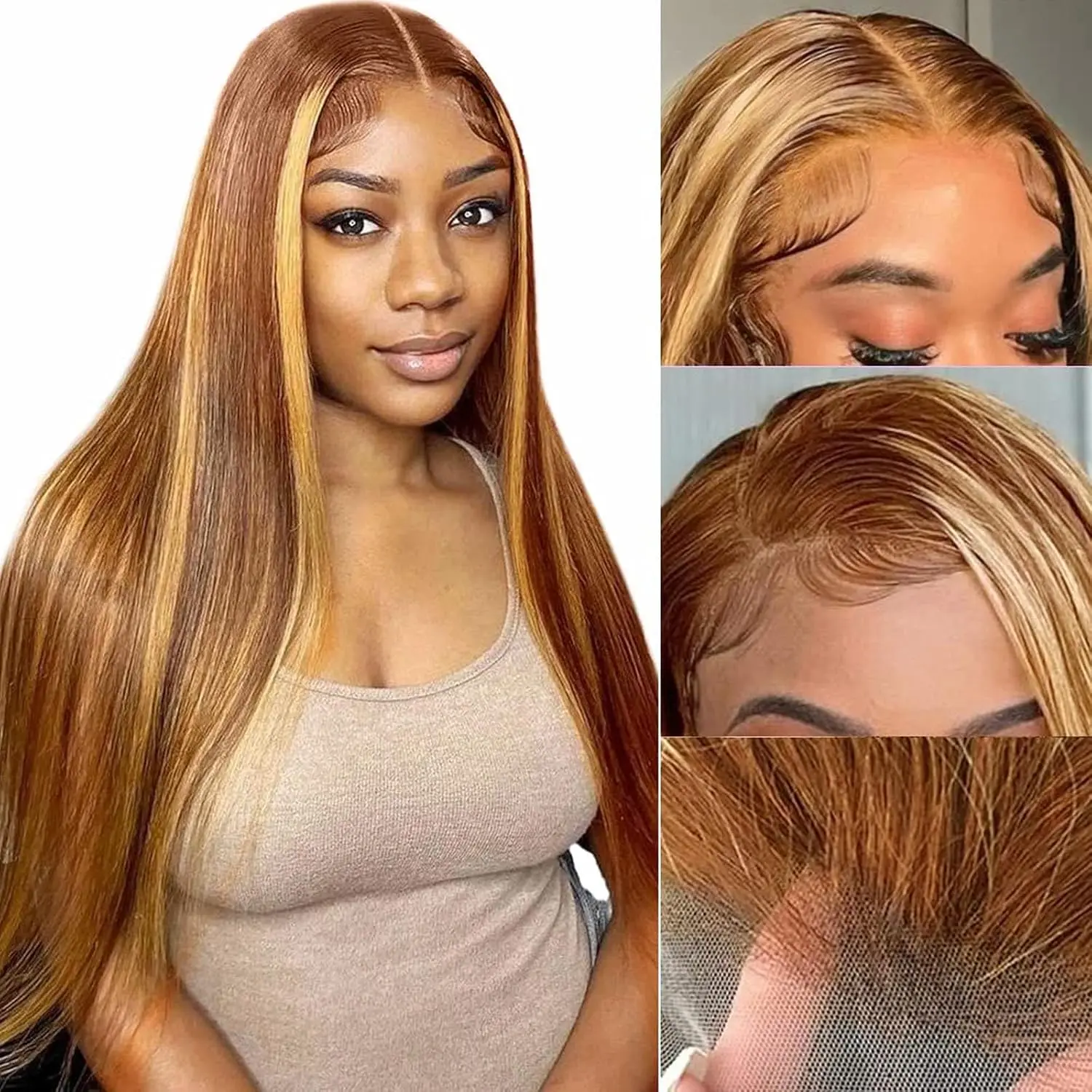 Highlight Ombre Lace Front Wig Human Hair 13x4 HD Straight Lace Front Wigs 200% Density 4/27 Honey Blonde HD Lace Frontal Wigs