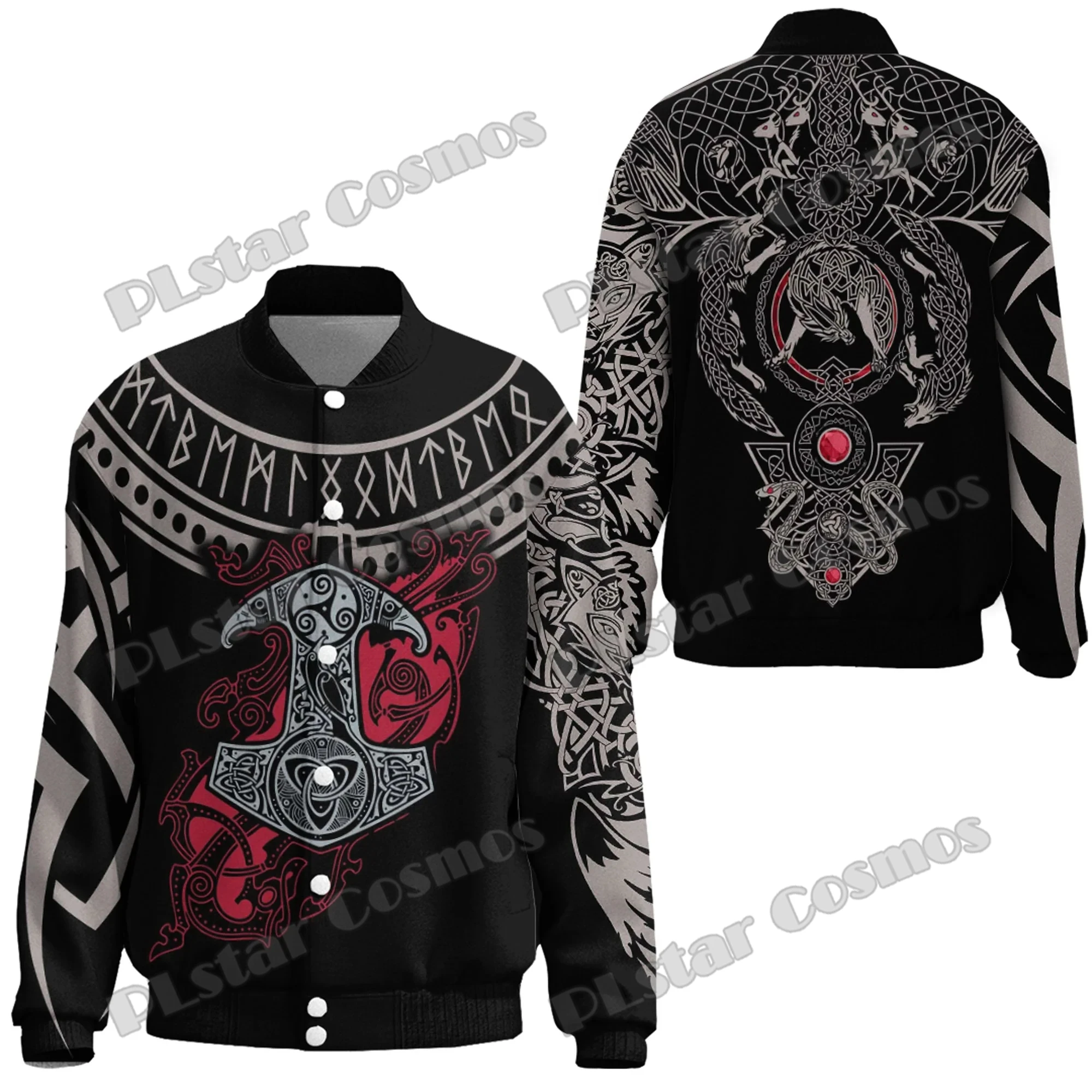 Mjolnir and Fenrir Tattoo Mix Ruby Red 3D Printed Fashion Mens Baseball Varsity Jacket Unisex Casual Winter Baseball Jacket FX33 wolf warriors and skull tattoo 3d printed fashion men s baseball varsity jacket unisex casual winter baseball jacket fx32