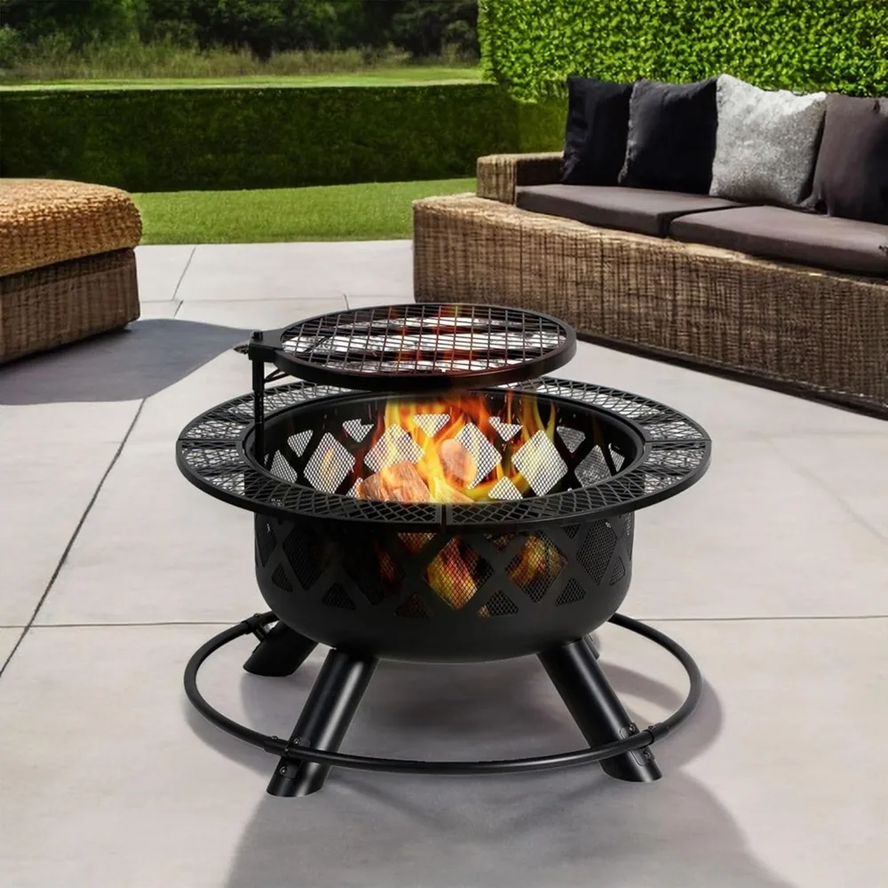 

Fire Pit, 24" Steel Wood Burning Fire Pit Backyard Patio Fireplace with Removable 360 Degree Swivel Cooking Grill, Fire Pits