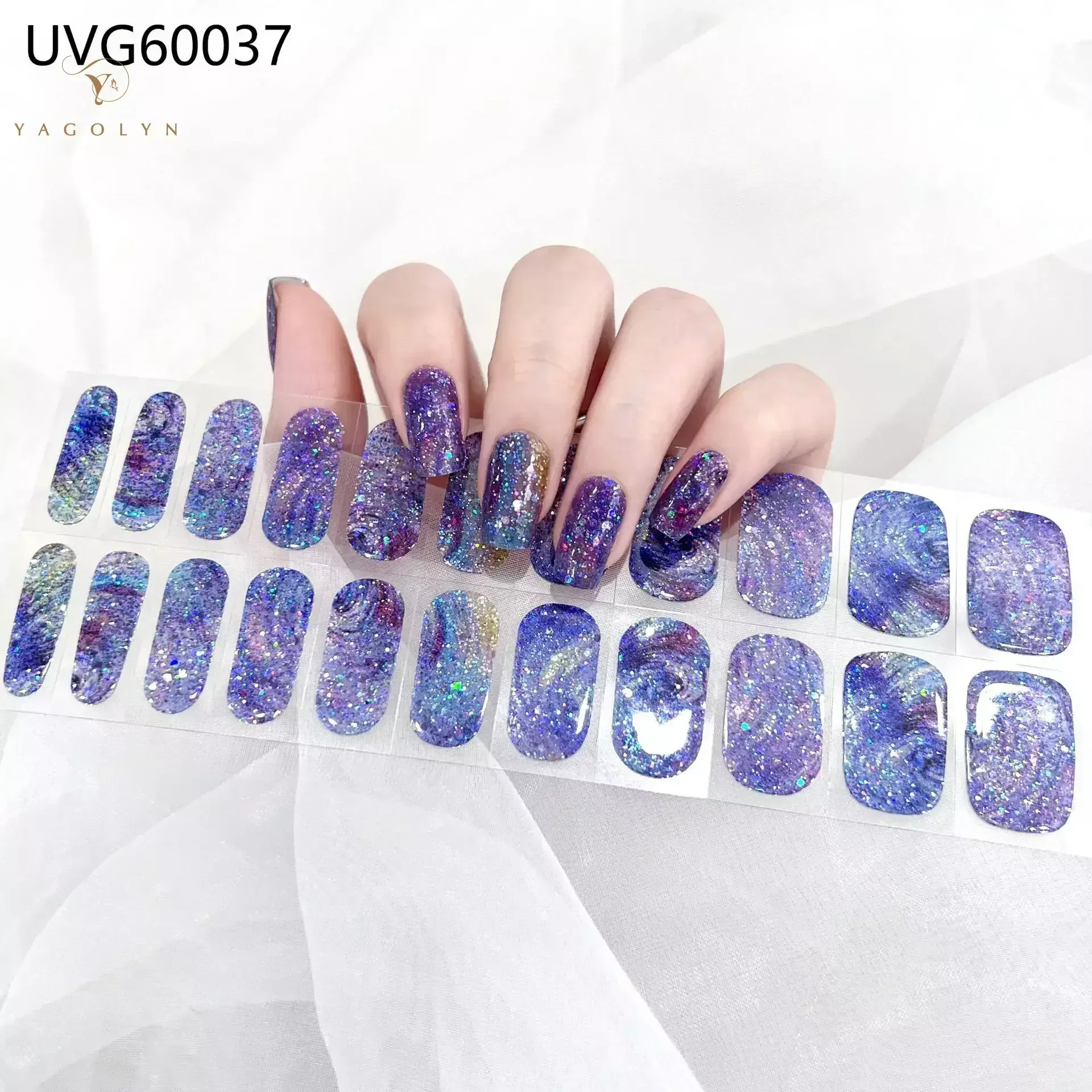 16/20Tips Semi-Cured Nail Wraps Flash Solid Adhesive Waterproof Long Lasting Gel Nail Stickers for UV Lamp Need Manicure