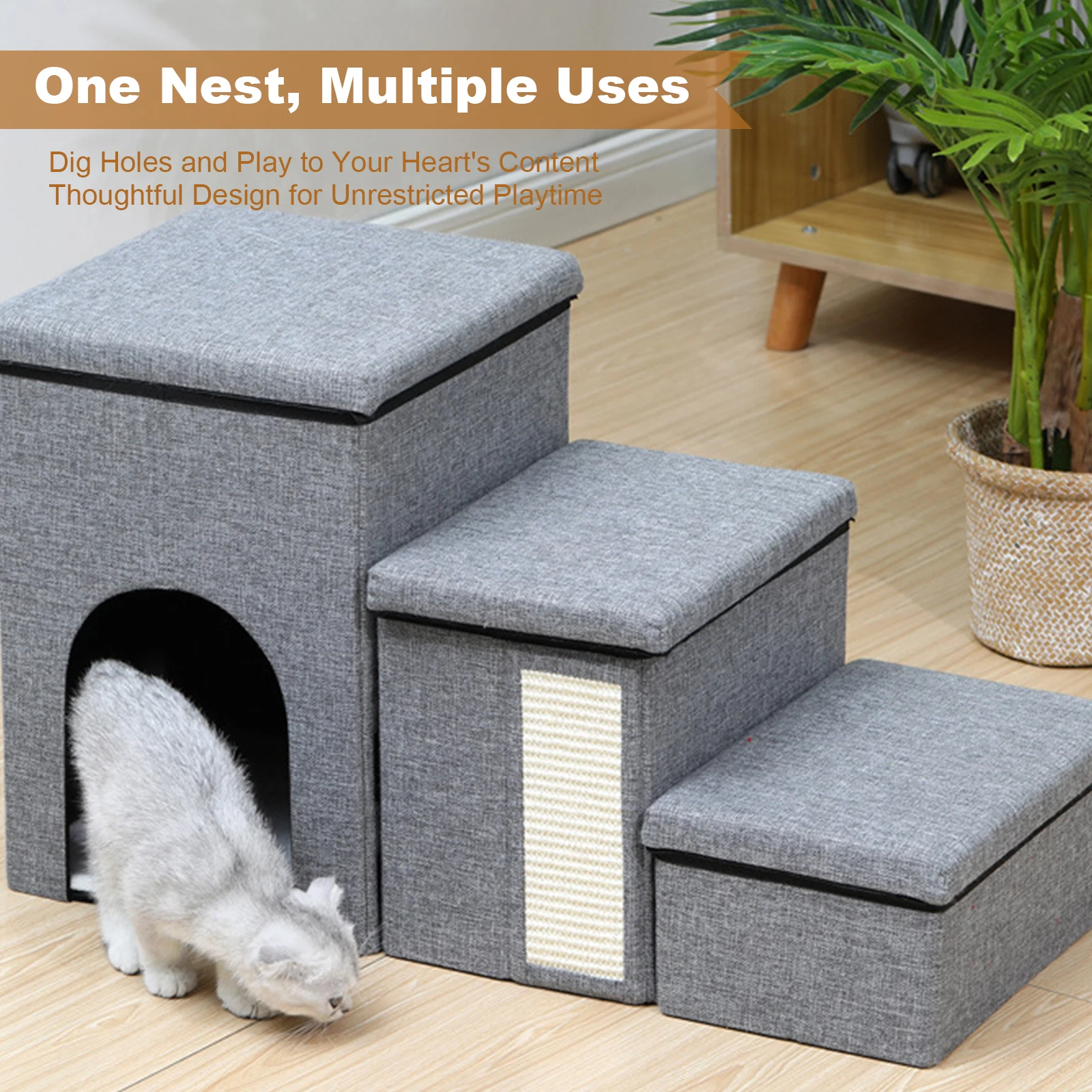 3 Levels Step Pet Climbing Ladder Multi-Purpose Multifunctional Cat Bed Removable Storage Organizer for Sofa Couch Bed Supplies