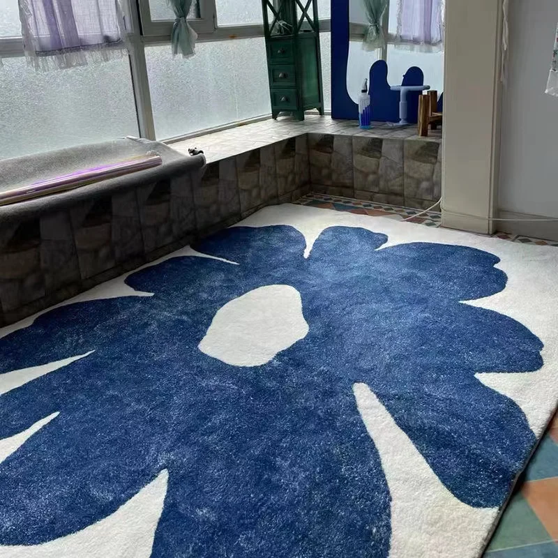 클라인 블루 플라워 아트 카펫, 넓은 면적 럭셔리 거실 카펫, 편안한 부드러운 침실 장식 러그, 발코니 러그, Alfombra