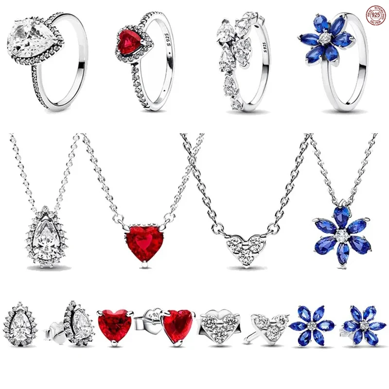 

Hot selling 925sterling silver classic heart-shaped snowflake necklace ring ring earrings charm set women's luxurious party gift