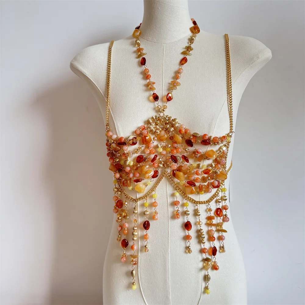 Ladies Body Chain Beading Camisole Vest Hollow Out Top Body Jewelry Exaggerated Pearl Neck Bustier Fashion Bra Women Club Rave