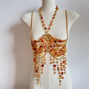 Ladies Body Chain Beading Camisole Vest Hollow Out Top Body Jewelry Exaggerated Pearl Neck Bustier Fashion Bra Women Club Rave