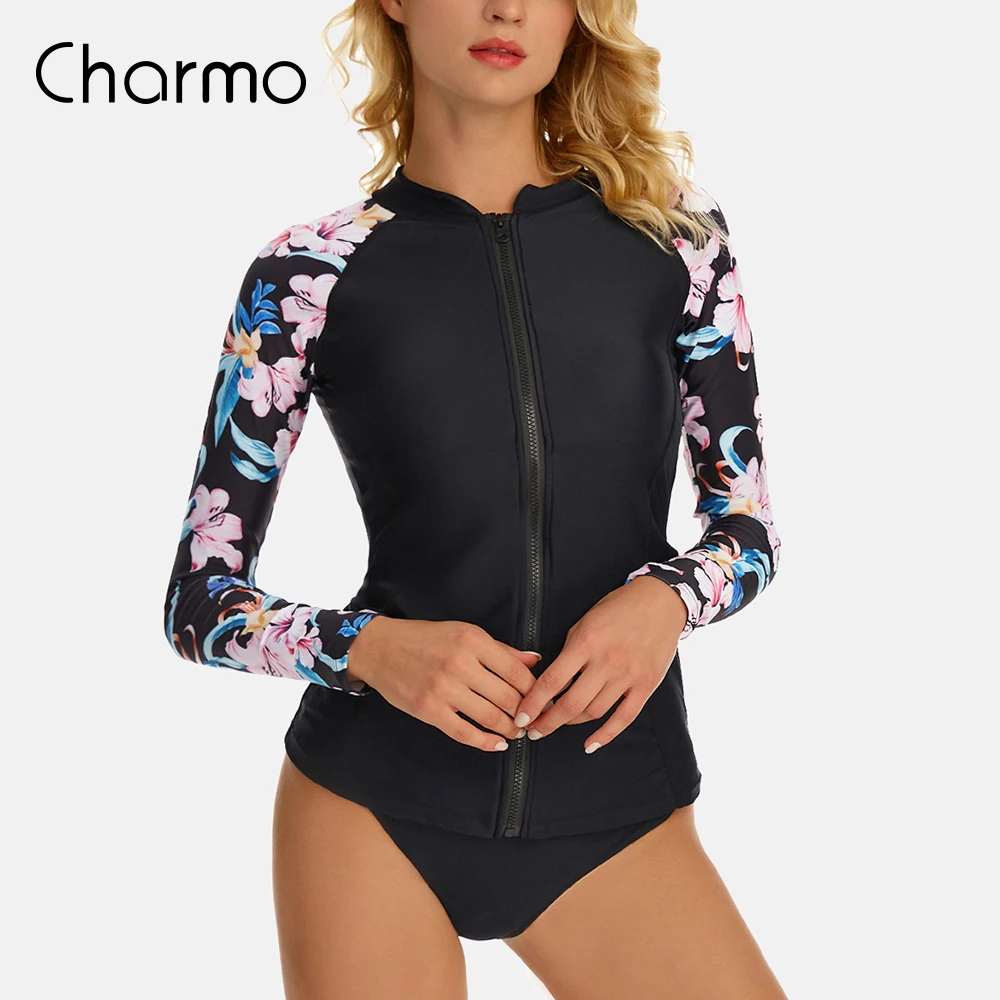 

Charmo Women Split Long Sleeve Surf Suit Hot Spring Suit Wetsuit Conservative Print Two Piece Swimsuit UPF50+