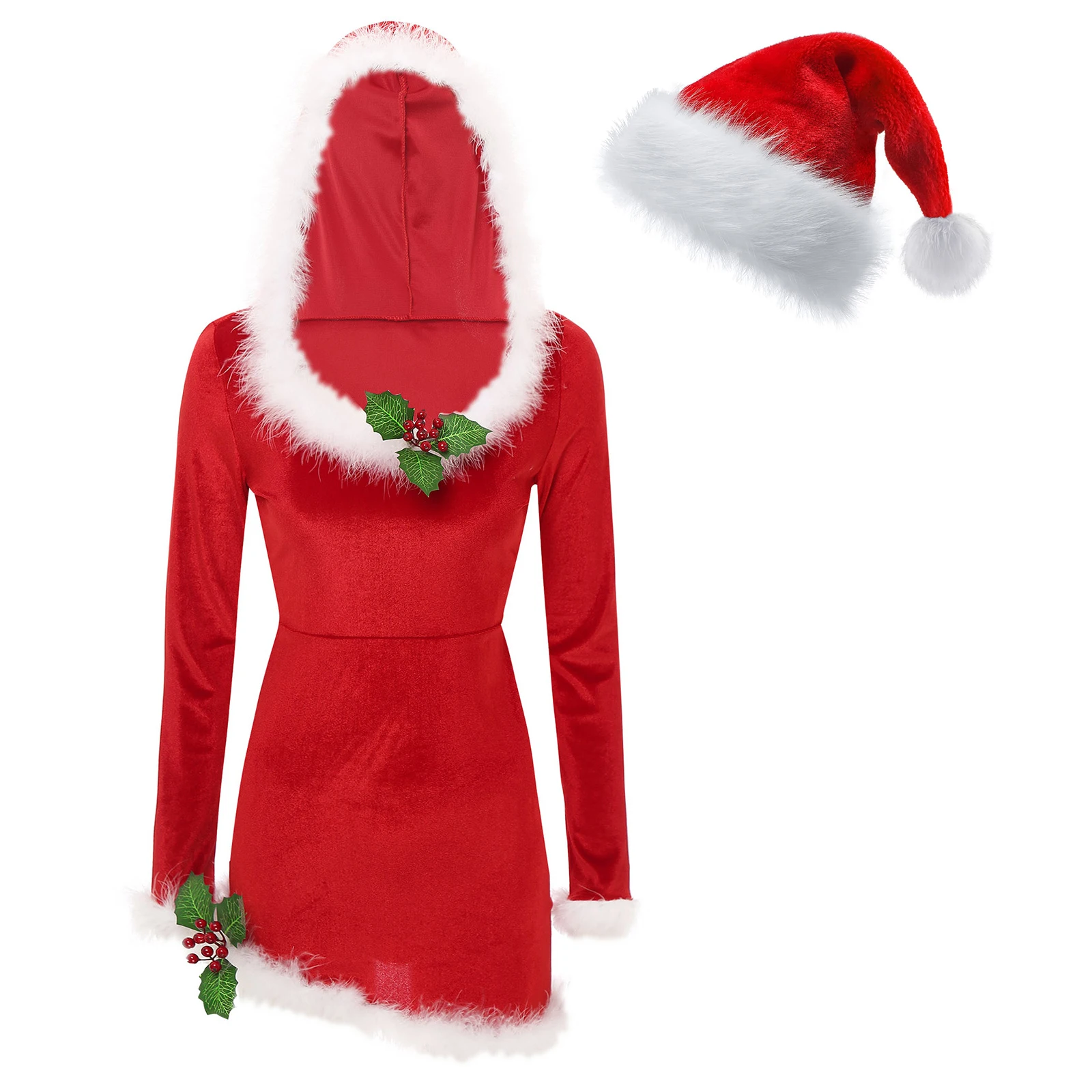 

Womens Christmas Velvet Dresses Fuzzy Feather Trim V Neck Long Sleeve Slanted Hem Hooded Dress with Santa Claus Hat Theme Party