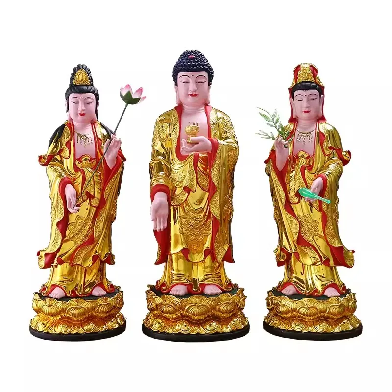 The Western Three Saints' Amitabha Statue for Worship, Guanyin Avalokitesvara Bodhisattva, Great Strength Resin Buddha, 12in