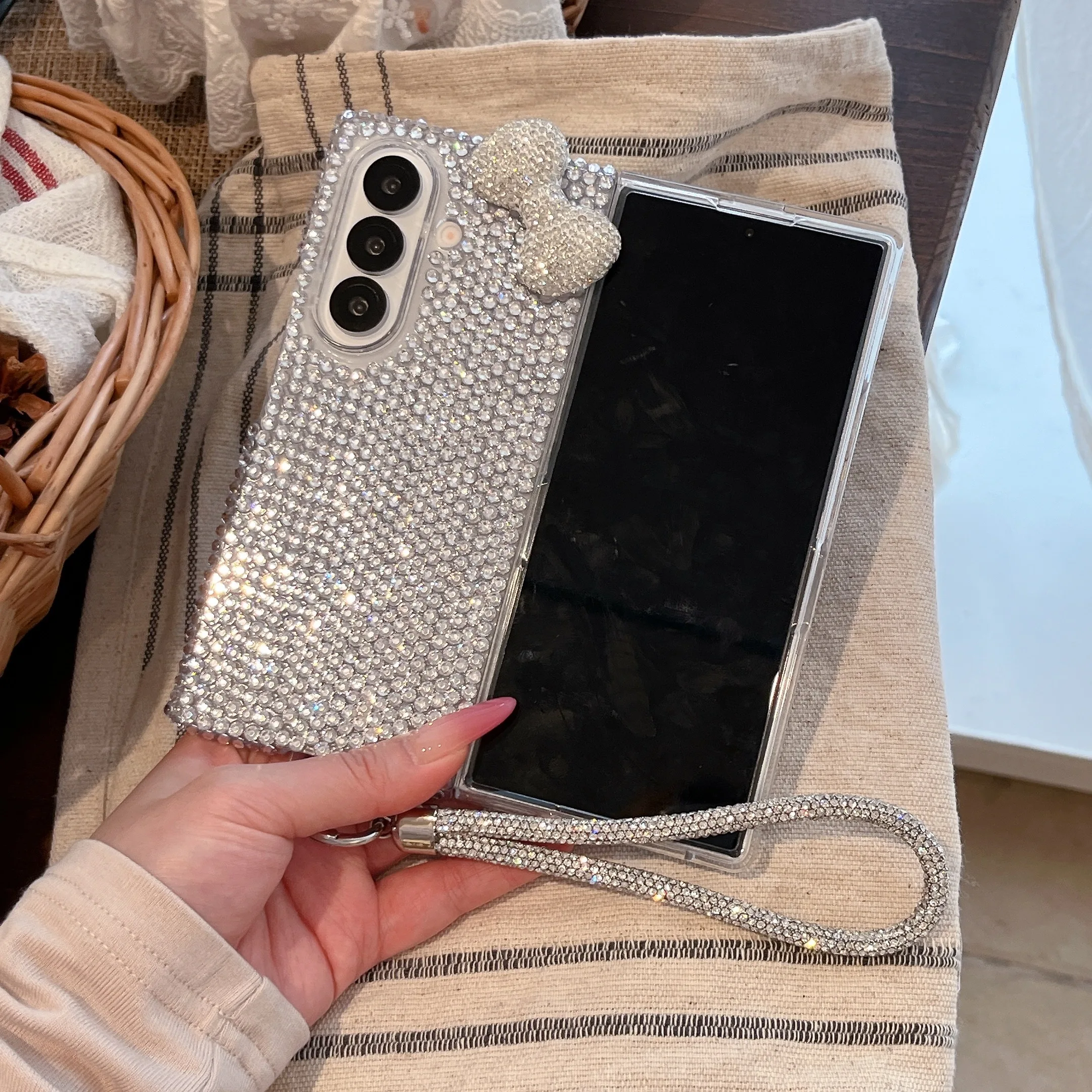 Korean Cute 3D Bowknot Glitter Rhinestone Phone Case with Full Screen Protection