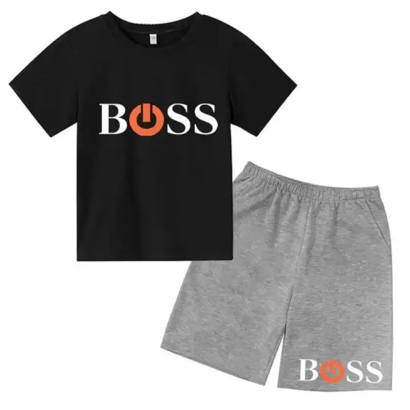 thumbnail image 1 of Conjunto de 2 piezas de camiseta de manga corta y pantalones cortos con estampado de letras de marca de verano, traje deportivo informal para niños y niñas, conjunto de moda para niños, 1 of 5
