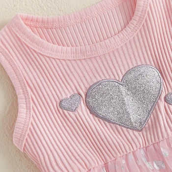 Toddler Girl Sleeveless Romper Dress with Heart Design Round Neck Patchwork Mesh Jumpsuit for Summer Outfits and Clothes 2