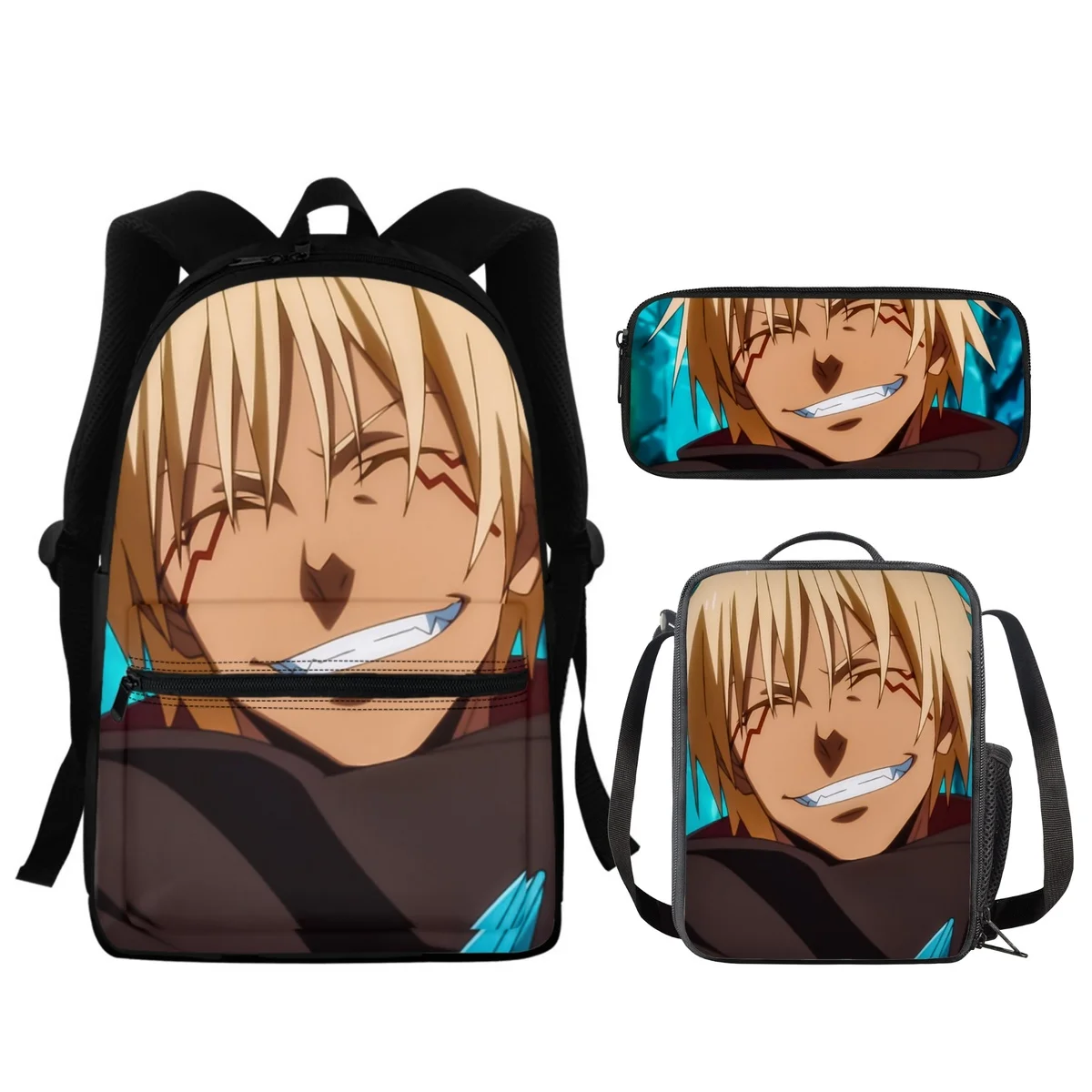 

FORUDESIGNS Anime Design 3Pcs/Set Schoolbags Students Shoulder Diagonal Lunch Bag Pencil Organizer Pouch Slime Datta Ken Pattern
