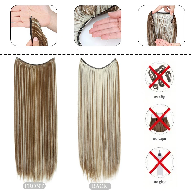 24Inch Synthetic Hair Extension No Clips Fish Line Invisible Black Blonde One Piece Long Straight Fake Hair Piece For Women hair extensions