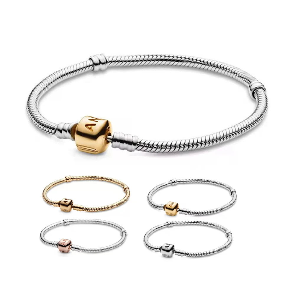 Nieuwe Pandora Luxe Sieraden S925 Sterling Zilver Rose Goud Momenten Collection Snake Chain Armband Romantische Prachtige| | - AliExpress