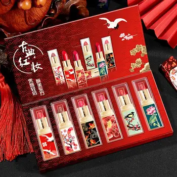 6pcs/set Chinese Style Lipstick Gift Set Box Lasting Moisturizing Nourishing Red Lip stick Cosmetics Women Beauty Makeup Set
