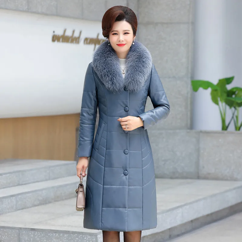 M-7XL Woman Long Leather Coat Winter Fashion Mother Padded Outerwear Thick Warm Fur Collar Camel Fleece Filling Overcoat Female