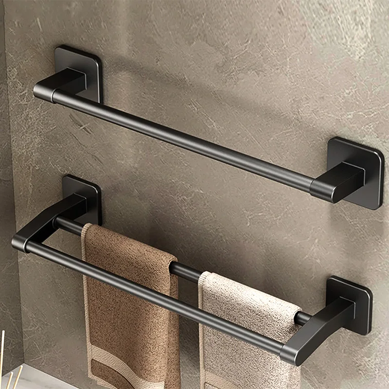 Towel Rack Black Bathroom Towel Shelf Rack Holder Self-adhesive Space Aluminum Bath Towel Hanger Rod Double Bar Kitchen Hand Rail, towel rack, towel holder, bathroom facilities