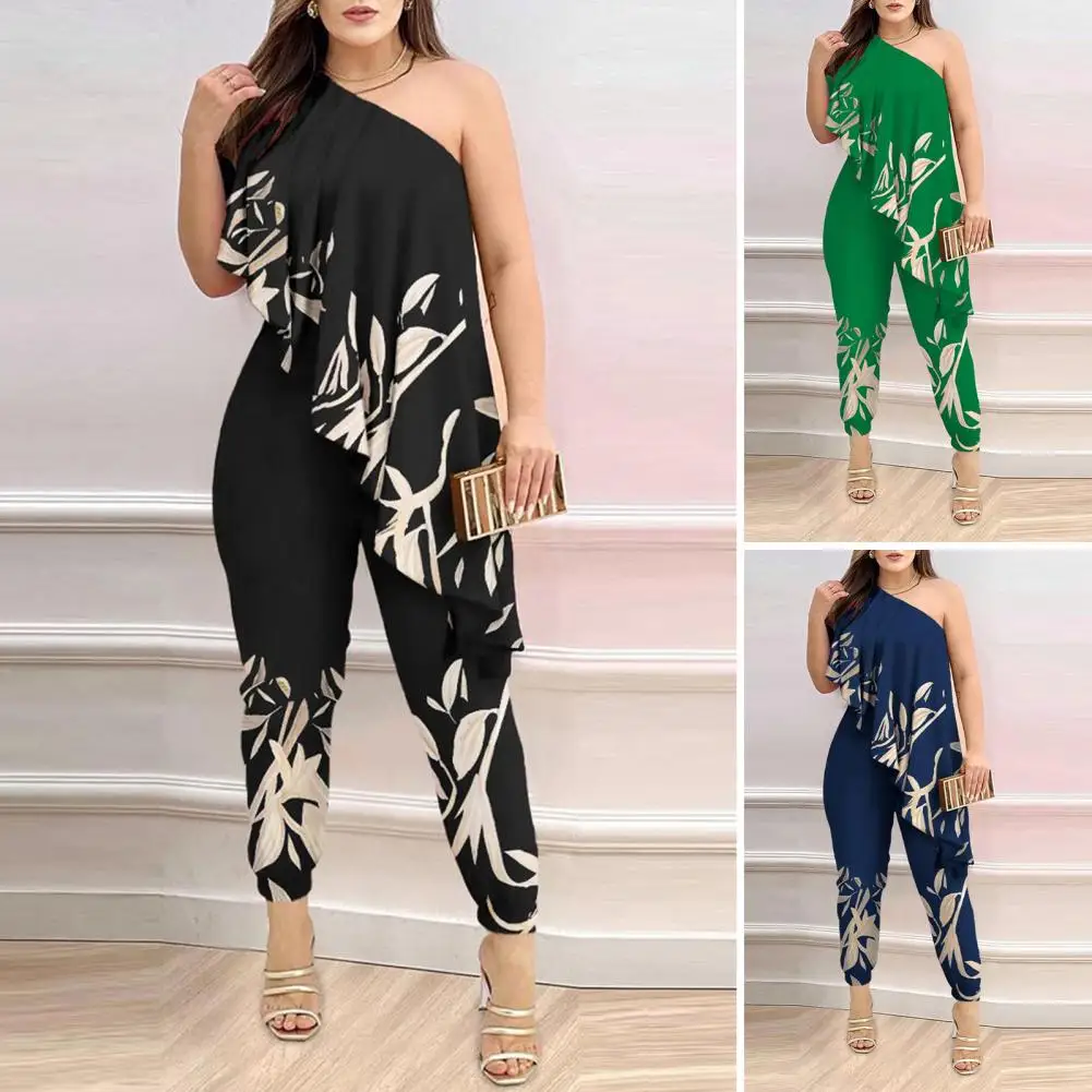 

Backless Jumpsuit Elegant Leaf Print One Shoulder Jumpsuit for Women Slim Fit Backless Prom Ball Lady Long Jumpsuit Ladies