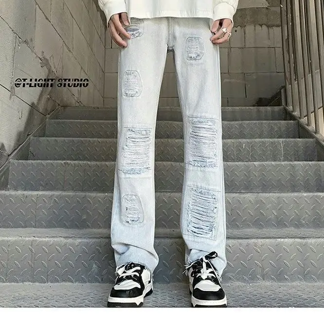 men's summer American high street slim fit distressed micro flared pants versatile casual pants cargo pants  ripped jeans