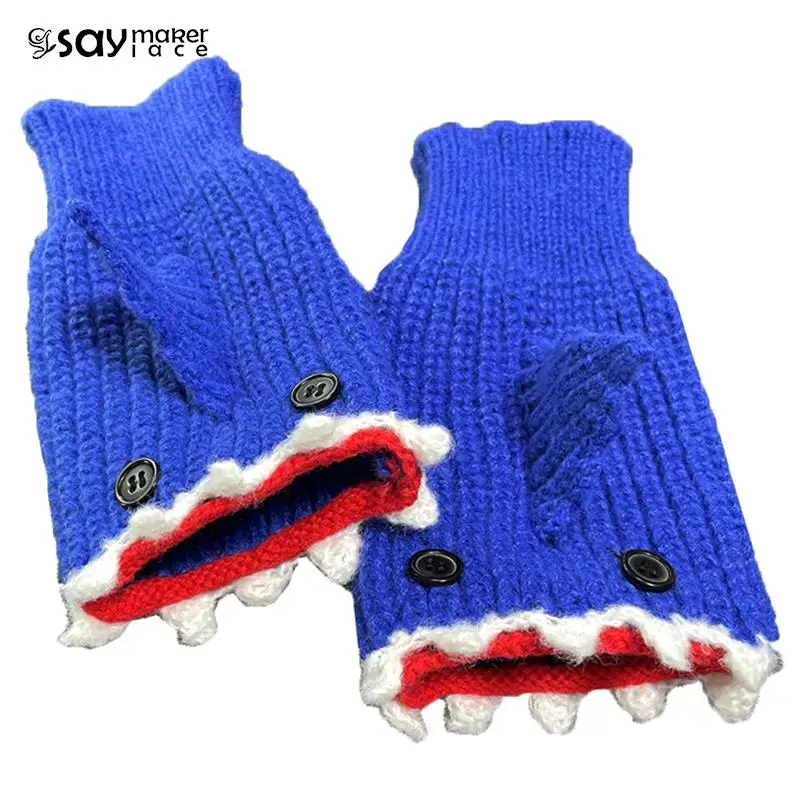 

1Pair Funny Handmade Shark Gloves Winter Warm Half-finger Gloves For Christmas New Year Gifts