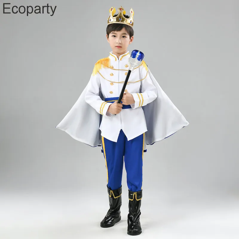 7pcs Set Kids Prince Costume Medieval King Jacket Cape Pants Crown Mace Suit Boys Halloween Party