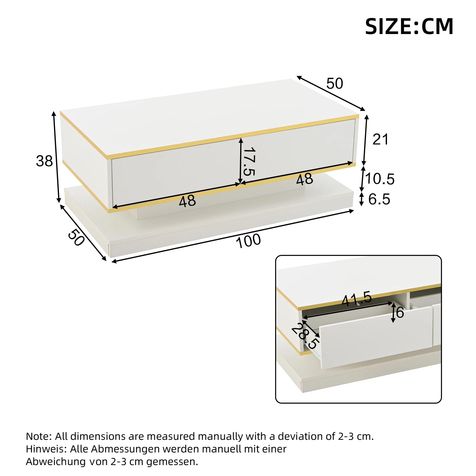 KOMHTOM Hochglanz-Couchtisch - mit 2 großen Schubladen, warmweiß + goldener Rand – Detail 8
