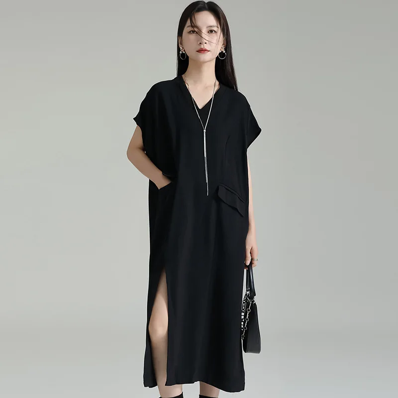 

2023 New Fashion Designer Summer Women Long Dress Elegant Ladies Vintage Black Plus Size Short Sleeve Clothes With Belt