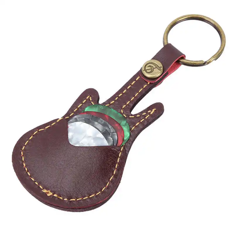 Leather Guitar Pick Bag Guitar Pick Holder Case Shape with Key Ring 5pcs Celluloid Picks String Instrument Accessories musical instruments accessories guitar parts