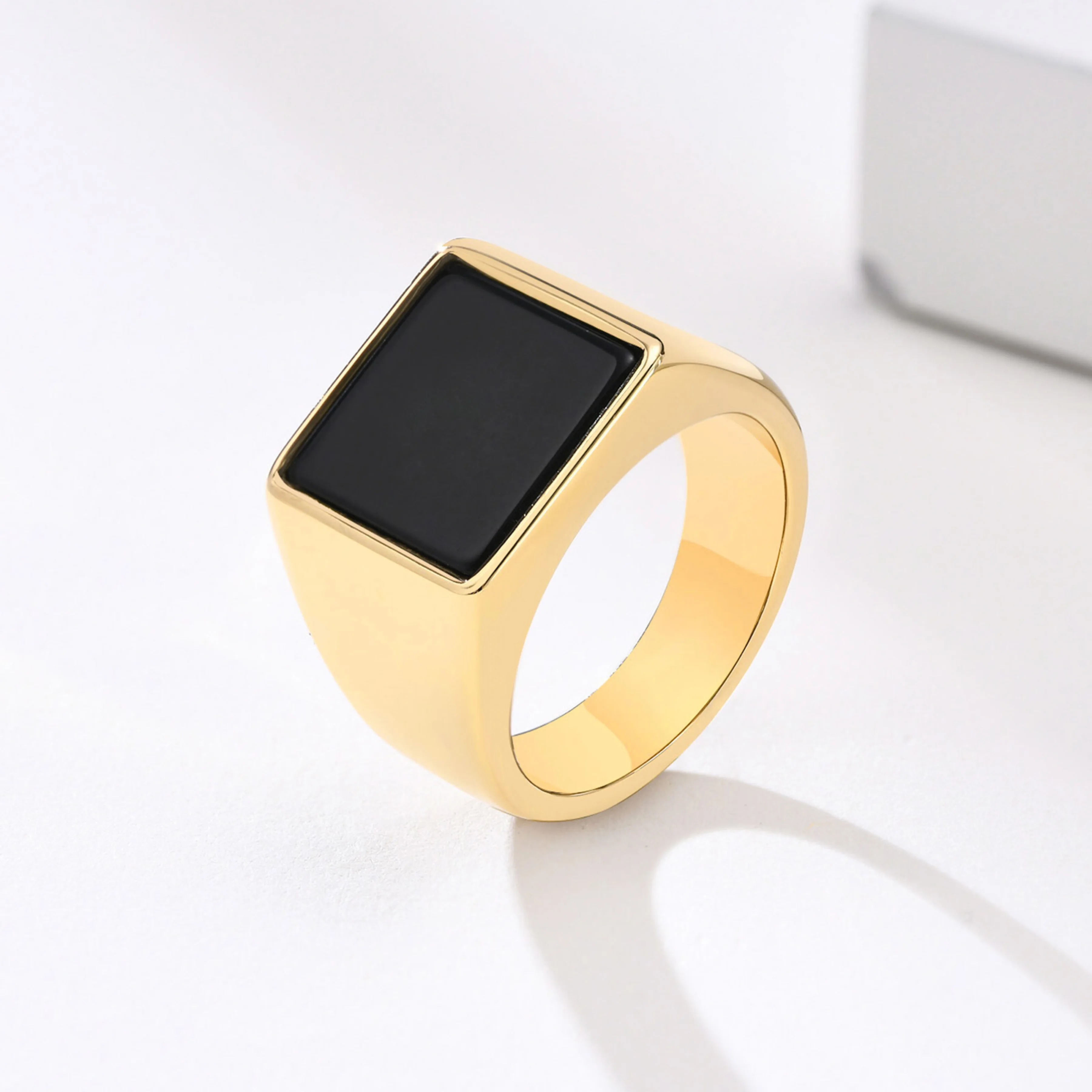 Men's Ring Rock Punk Smooth Stainless Steel Black Stone Gold Silver Color Hip Hop Rings For Men Party Jewelry