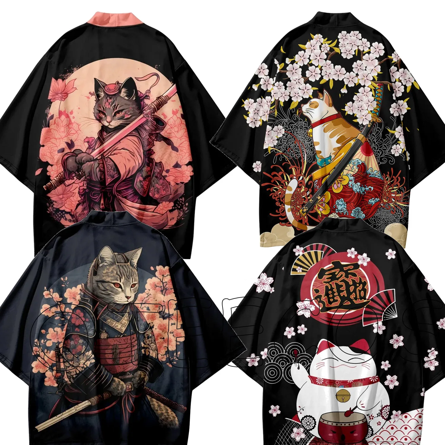 Japanese Cat Print Cosplay Haori Kimonos Yukata Samurai Men Women ...