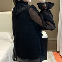 Chemisier en dentelle pour femmes, vêtements Vintage à volants, col montant, chemise en mousseline de soie blanche, manches longues bouffantes, hauts amples élégants, printemps automne 5