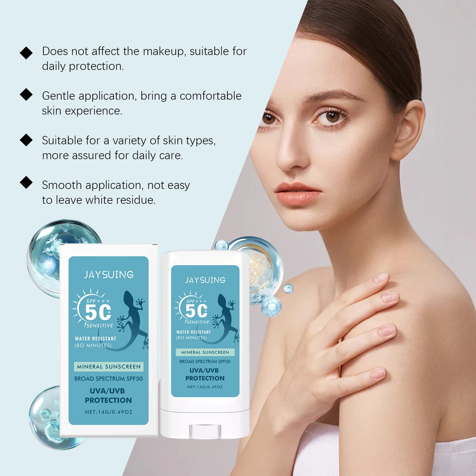 Sunscreen Stick SPF 50+ Hyaluronic Acid Broad Spectrum UV Protection Water-Resistant Refreshing Face Body Travel Sunblock Cream