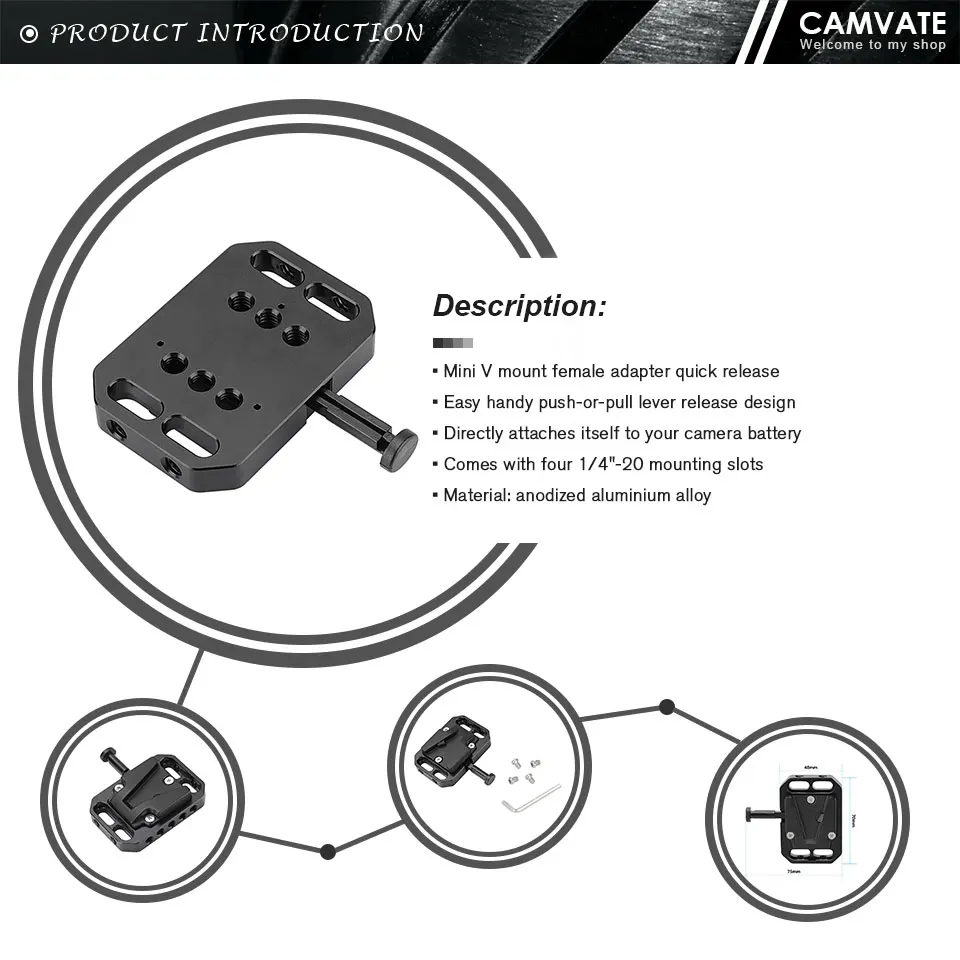 Mini V Lock Mount Female Adapter Quick Release With 1/4"-20 Mounting Slots For D