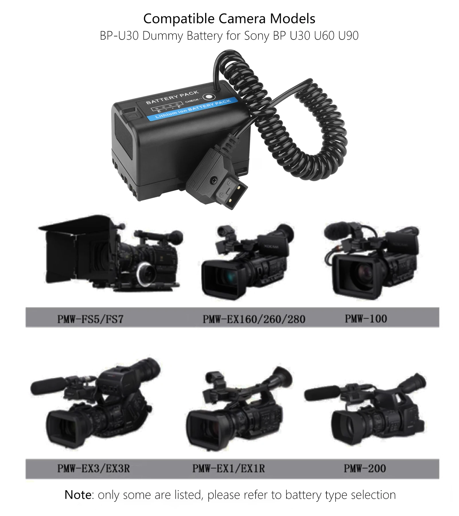 BP U30 U60 U90 XDCAM EX PMW 100 150 160 200 PMW EX1 EX3 Z280 EX280용 D-Tap to BP-U30 BP-U35 더미 배터리 전원 케이블