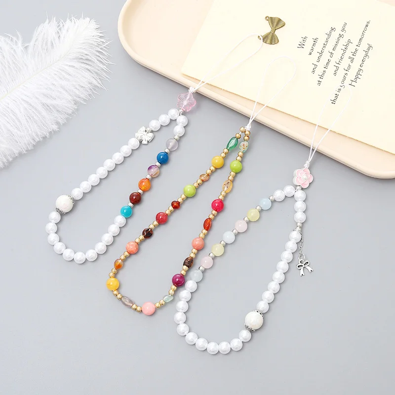 Fashion Handmade Woven Leather Phone Chain Lanyard for Women Gifts Trendy Pearl Bow Beaded Charm Anti Slip Phone Case Rope