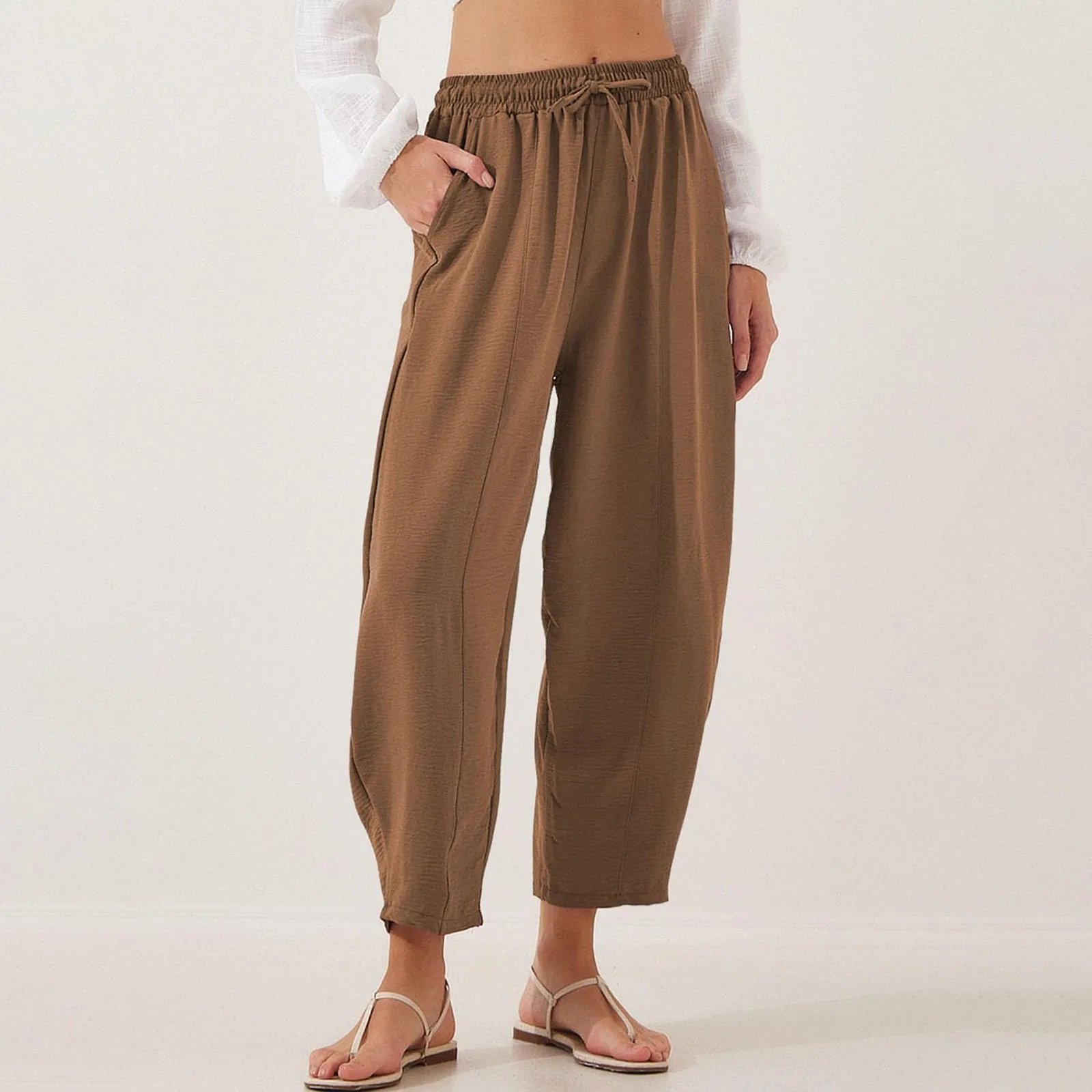 

Women'S Solid Color Bloomers High Waisted Drawstring Elastic Waist Cropped Pants Summer Loose Casual Beach Vacation Pants