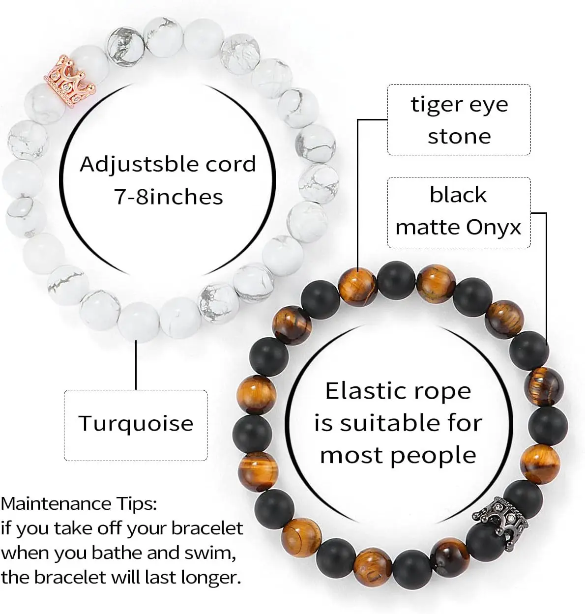 Kirykle 8mm Natural Stone Beaded Jewelry Set for Women Men Tiger Eye Stone Alloy Crown Elastic Bracelet for Couples Jewelry Gift