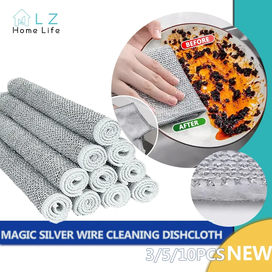 Magic Dishcloth Silver Wire Cleaning Kitchen Cloth Goods Thickened Microfiber Wash Towel Rust Removal Sponge Steel Wire Ball Rag