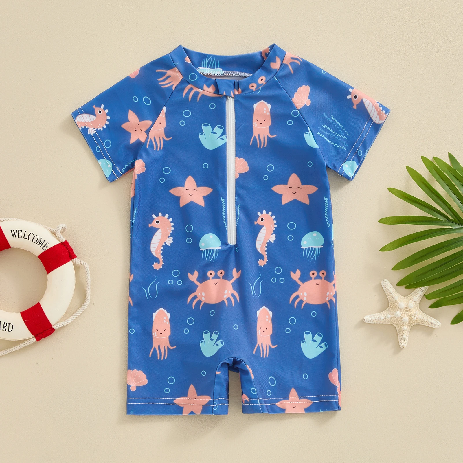 FOCUSNORM 0-3Y Infant Baby Boys Swimwear 2 Colors Cartoon Animal Print Short Sleeve Front Zipper Bathing Suits