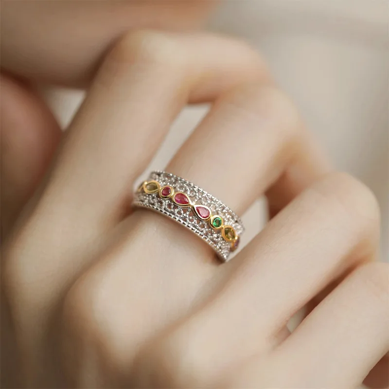 

New Arrival 925 Sterling Silve Lace Retro Ring for Women Girl Gift Pink Zircon Hollowed Out Banquet Jewelry Dropshipping