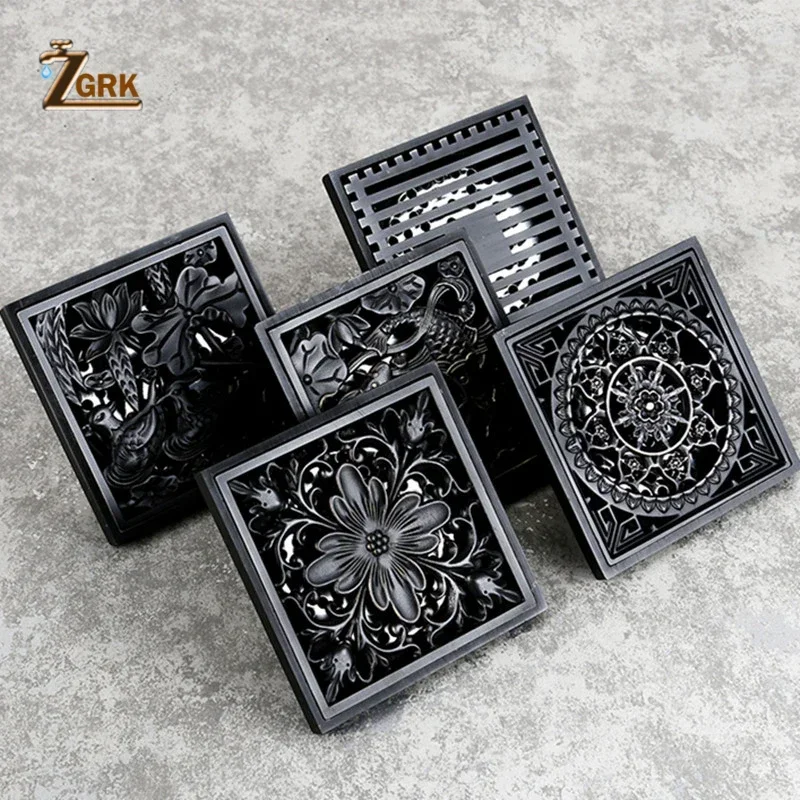 ZGRK Square 10*10 Floor Drain Black Brass Shower Drain Strainer Floor Cover Balcony Bathroom Accessories Grate Waste floor drain filter