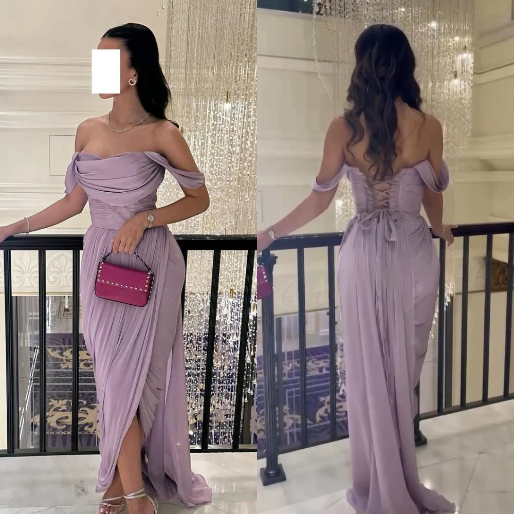 

Jiayigong Prom Simple Off The Shoulder A-line Pleat Draped Floor-Length Chiffon Bespoke Occasion Dresses Evening
