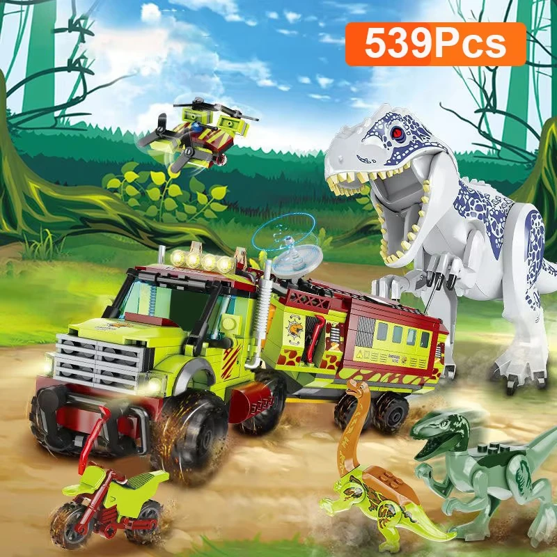 2025 New Jurassic Dinosaur Adventure World Building Blocks Kit,Expedition Team T. Rex Transport Truck Figures Brick DIY Toy Gift