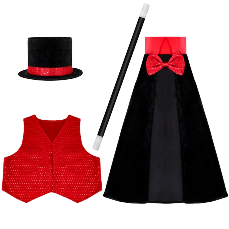 

4 pcs Kids Cosplay Costumes Sequin Cloak Outfit Waistcoat Cape Hat Magic Wand Set For Magician Role Play Choir Jazz Dance Stage