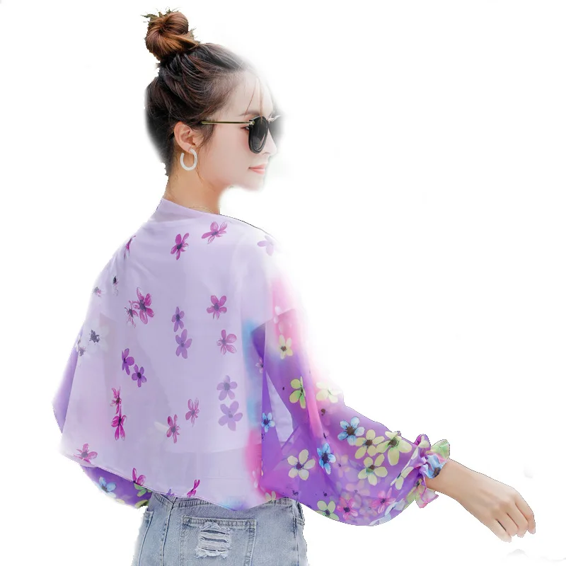Women Summer Sun Protection Beach Shawl Print Flower Chiffon Sunscreen Riding Arm Shade Scarf Outdoor Cycling Driving Sleeve