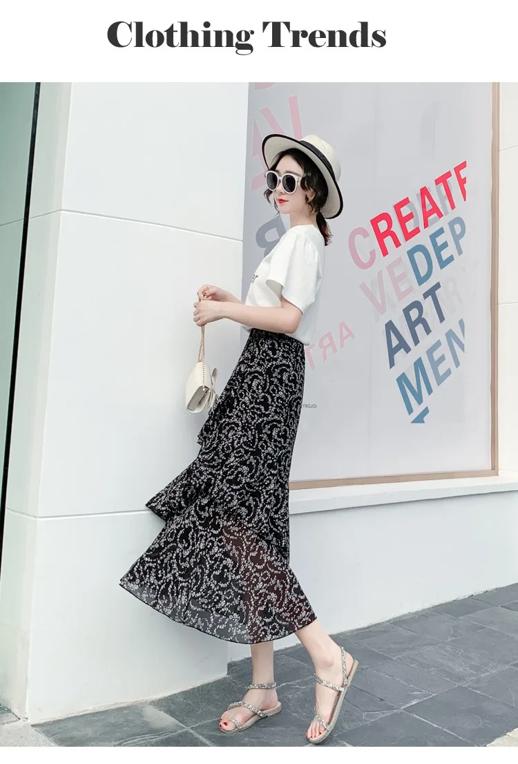 Summer Skirts Womens 2022 New Polka Dots Floral Print Chiffon Pleated Skirt Irregular Cake Skirt Casual Midi Skirt Women Clothes hoop skirt