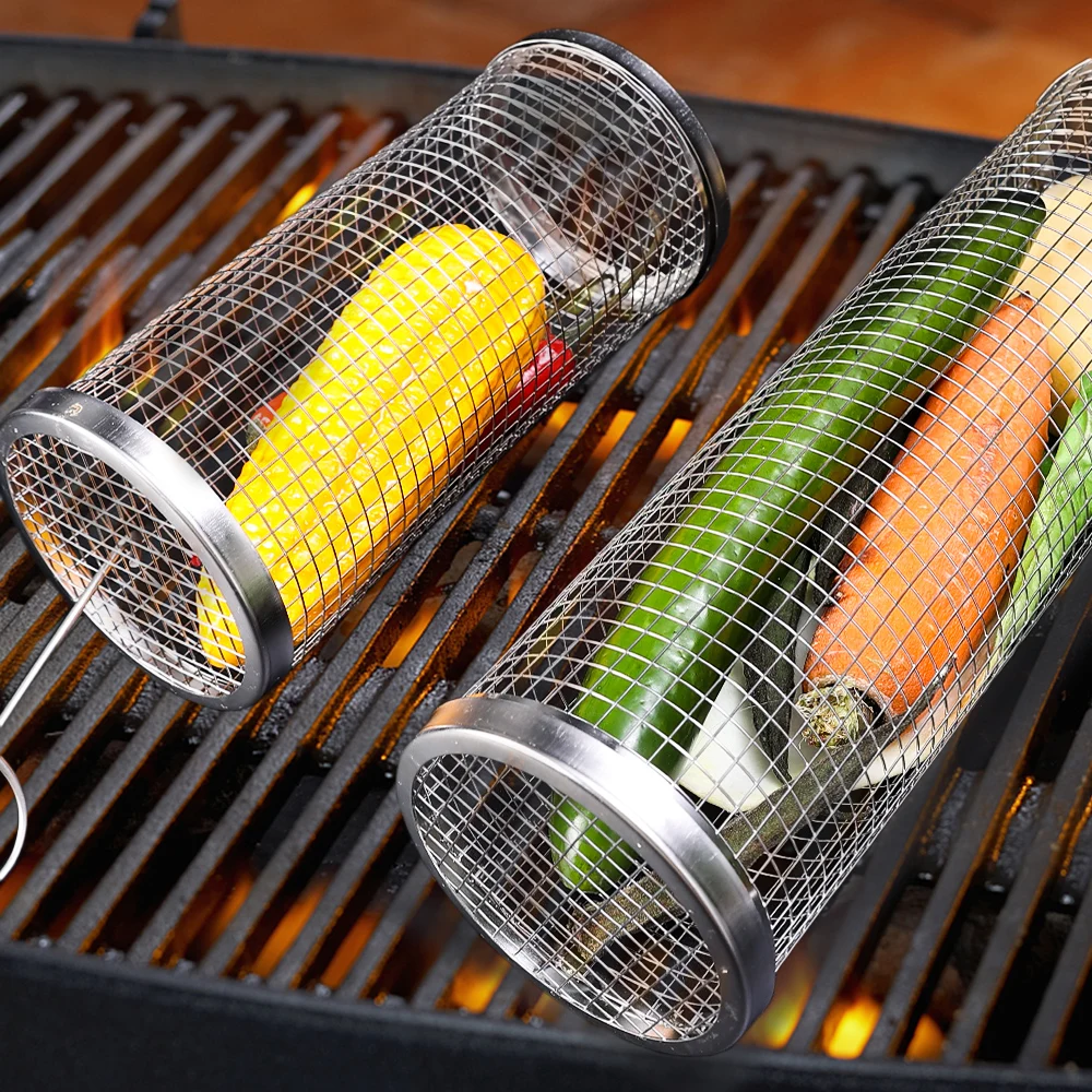Camping BBQ Grilling Basket Charcoal Grill Outdoors Barbecue Tools Portable Nonstick Roasting