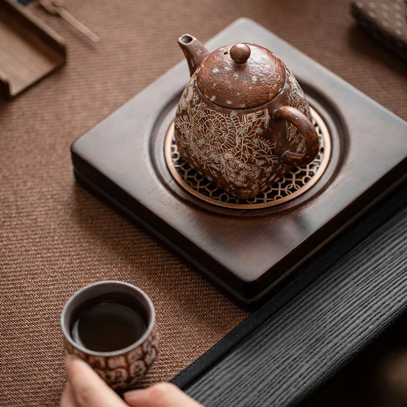 180ML Gilded Silver Blooming Flowers Old Rock Mud Teapot Zen Tea Infuser Pot Tea Soaking Kettle With Strainer Tea Set Ornaments