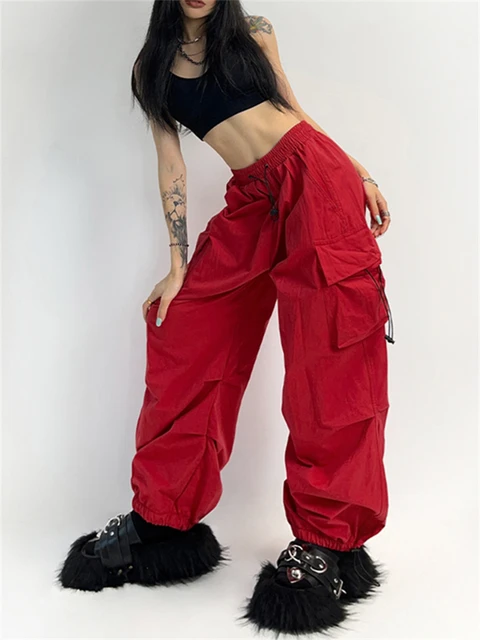 QWEEK Cyber Y2K Vermelho Parachute Calças Mulheres Hip Hop Streetwear Cinza  Calças De Carga Oversized Egirl Punk Preto Perna Larga Calças - AliExpress